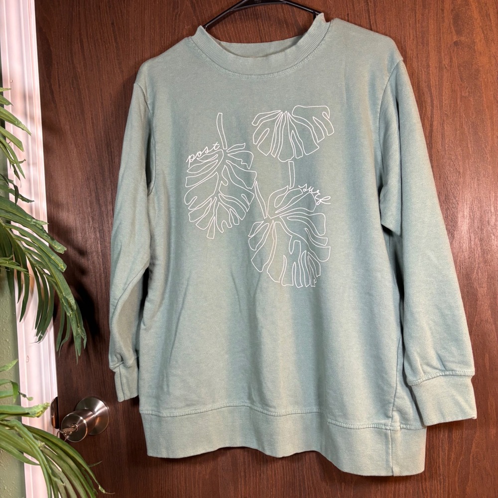 Post Surf Coastal Graphic Crewneck Sage Green Plant Sweatshirt